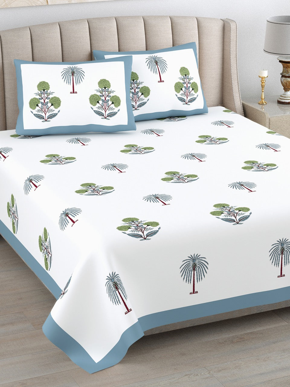 Palm Heaven Hand Block Printed Cotton King Bedsheet Set