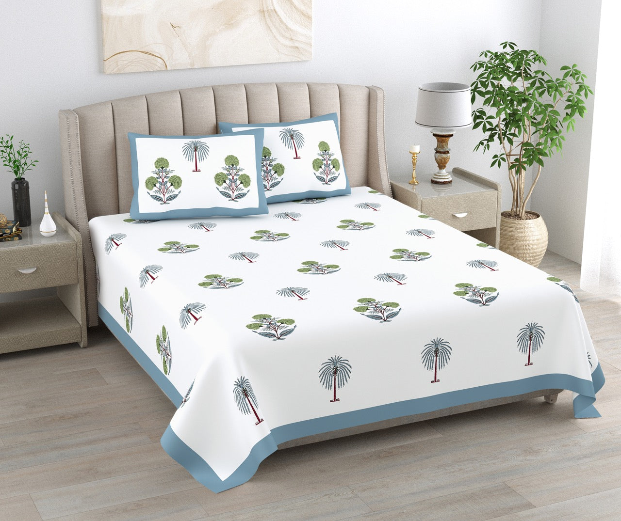 Palm Heaven Hand Block Printed Cotton King Bedsheet Set | 90x108 | 240 TC