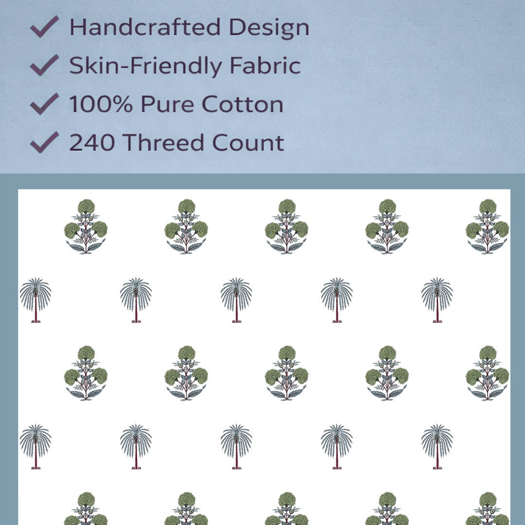 Palm Heaven Hand Block Printed Cotton King Bedsheet Set | 90x108 | 240 TC