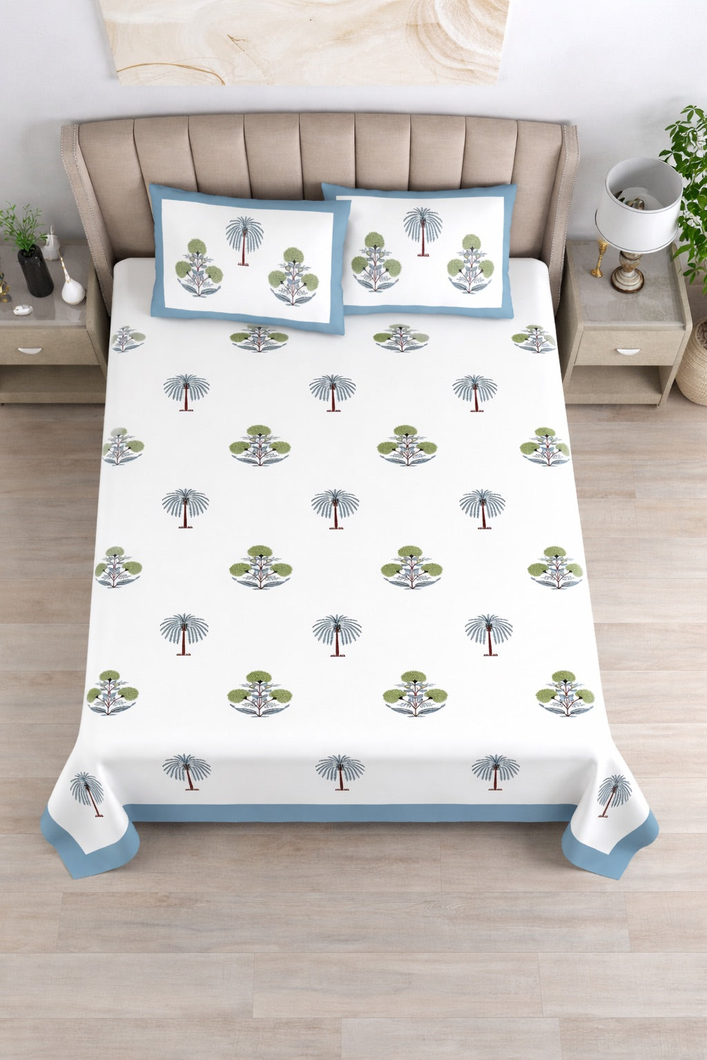 Palm Heaven Hand Block Printed Cotton King Bedsheet Set | 90x108 | 240 TC