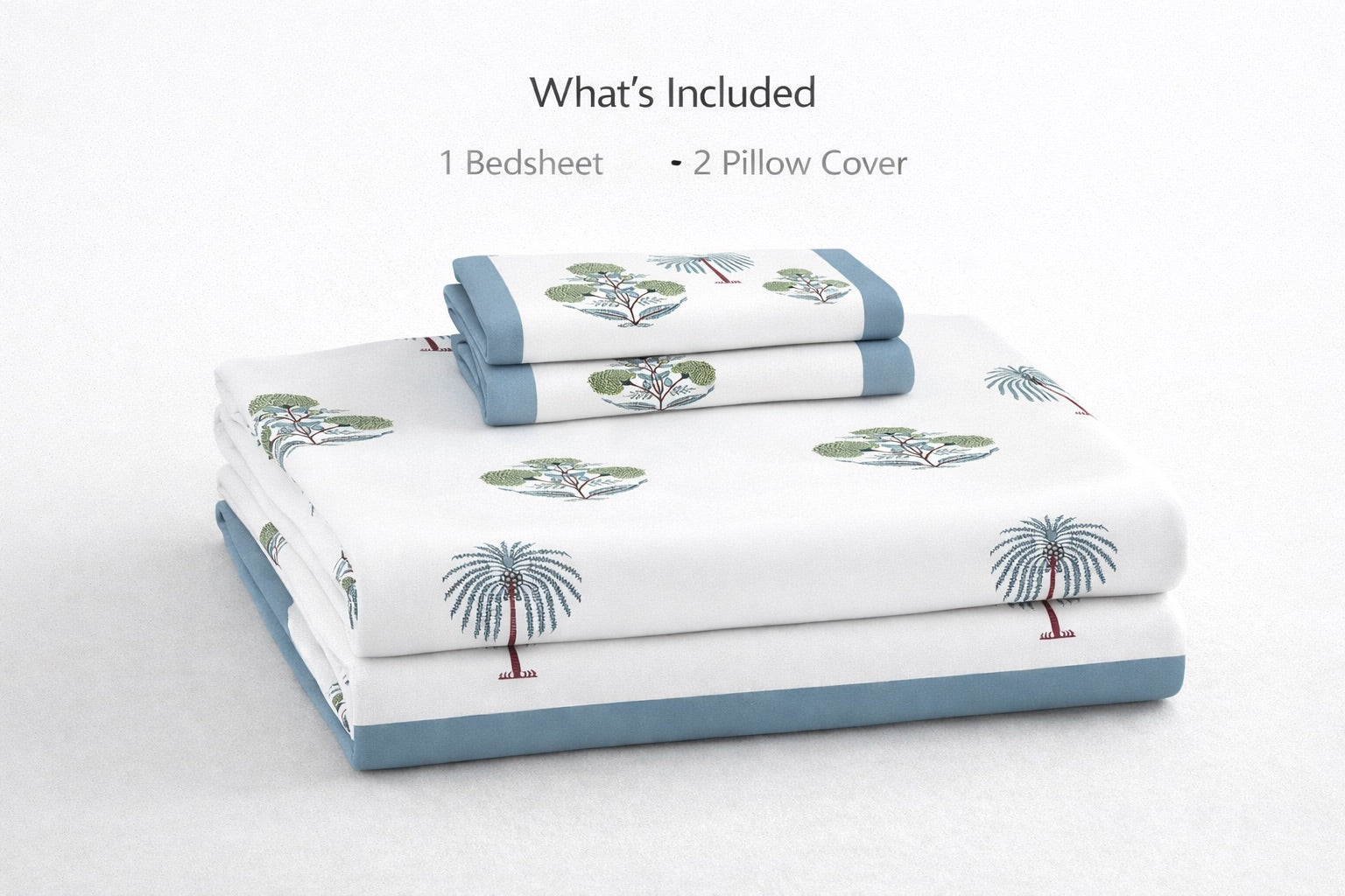 Palm Heaven Hand Block Printed Cotton King Bedsheet Set | 90x108 | 240 TC