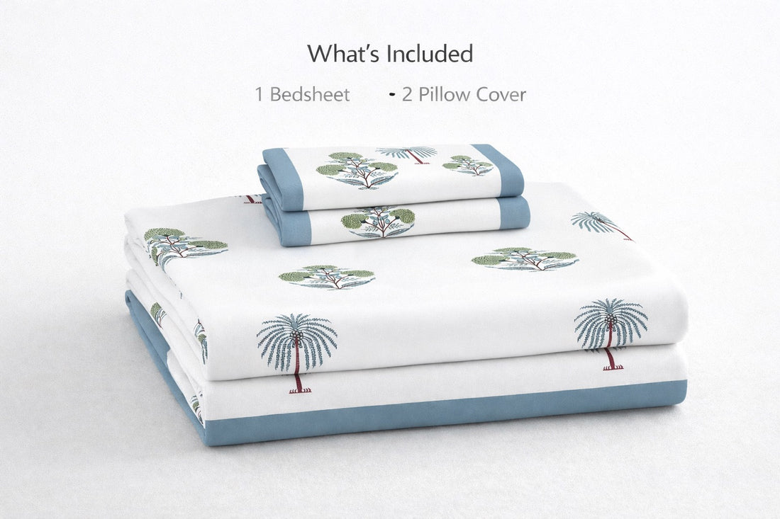 Palm Heaven Hand Block Printed Cotton King Bedsheet Set | 90x108 | 240 TC