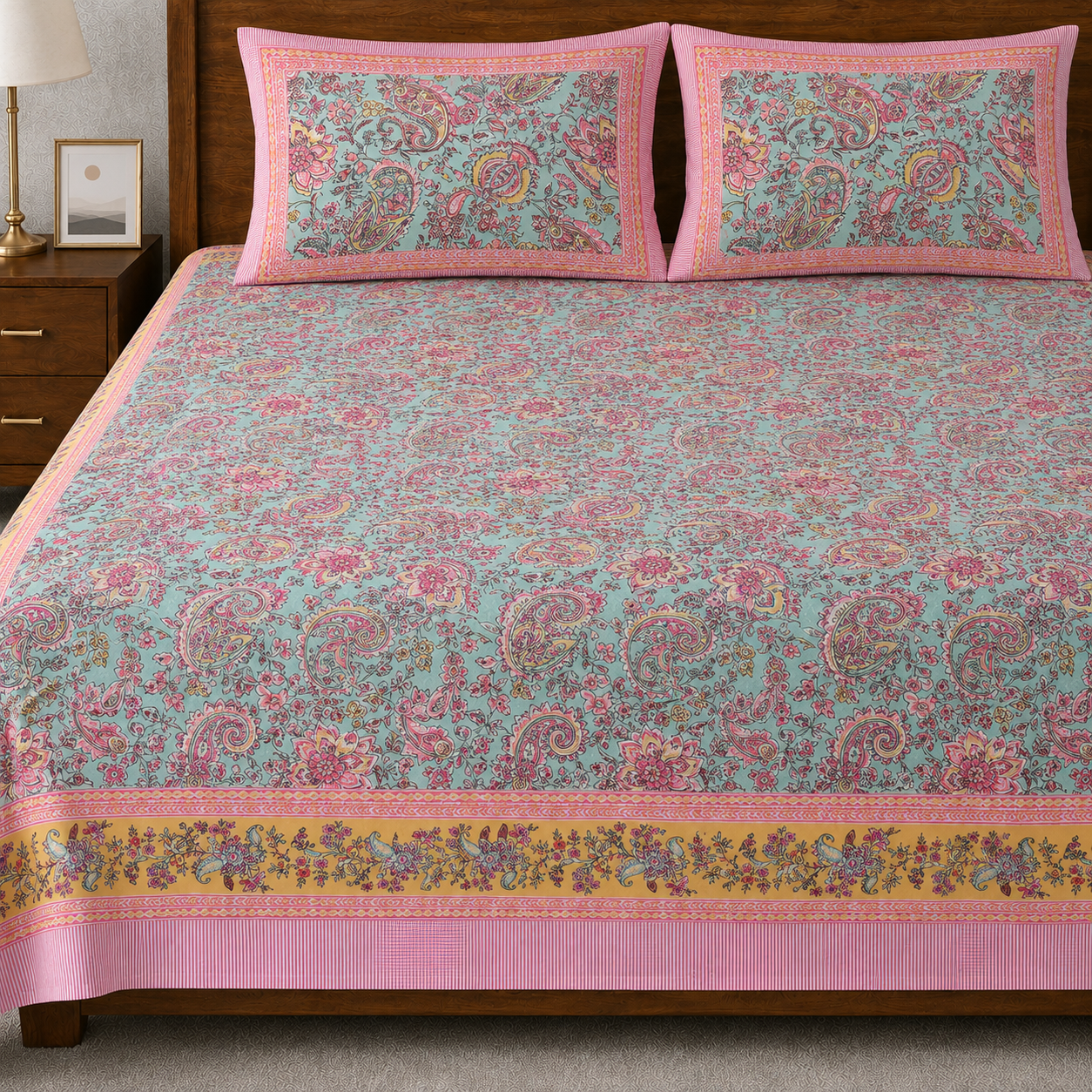 Petal Symphony Hand Block Printed Cotton King Bedsheet Set | 90×108 | 240 TC