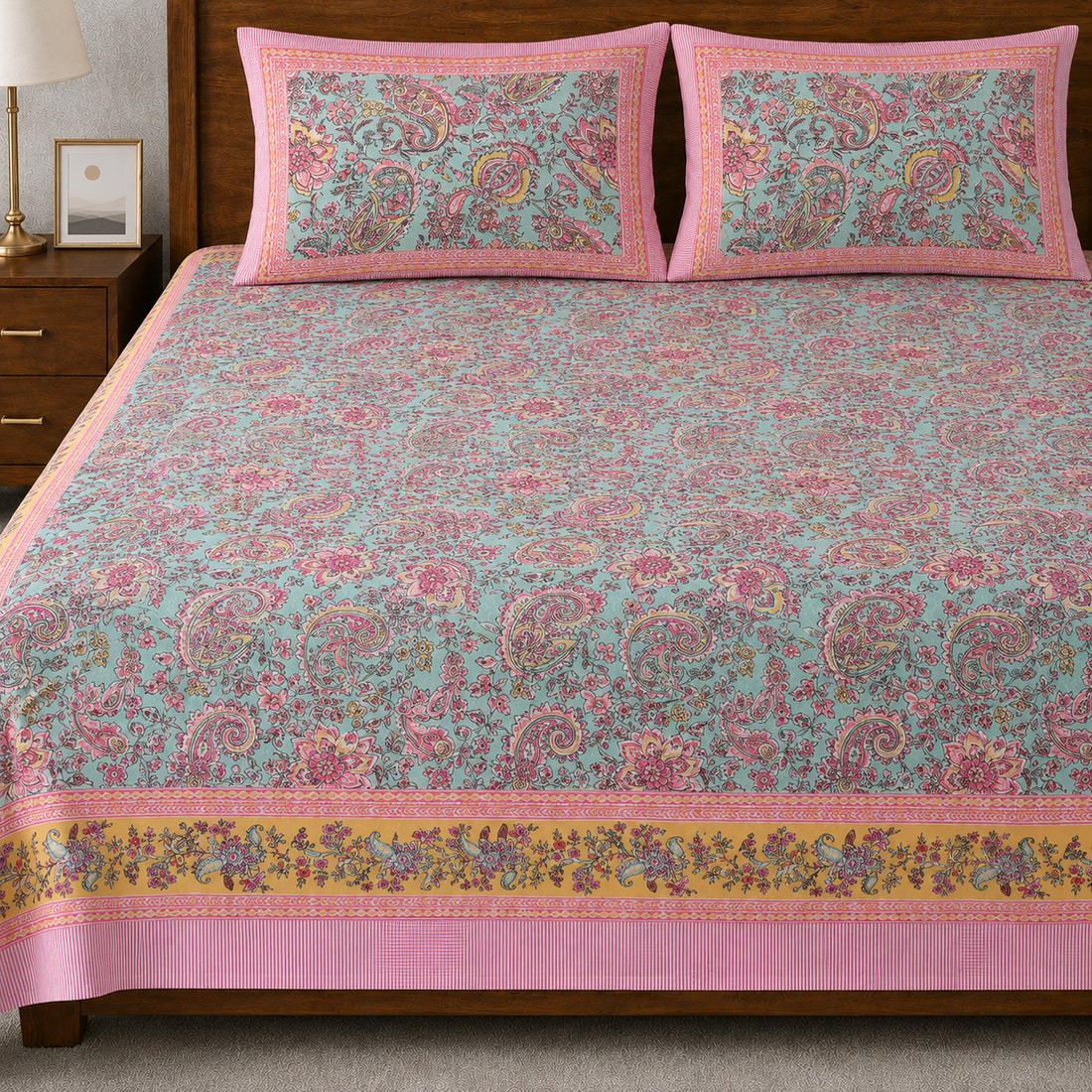 Petal Symphony Hand Block Printed Cotton King Bedsheet Set | 90×108 | 240 TC