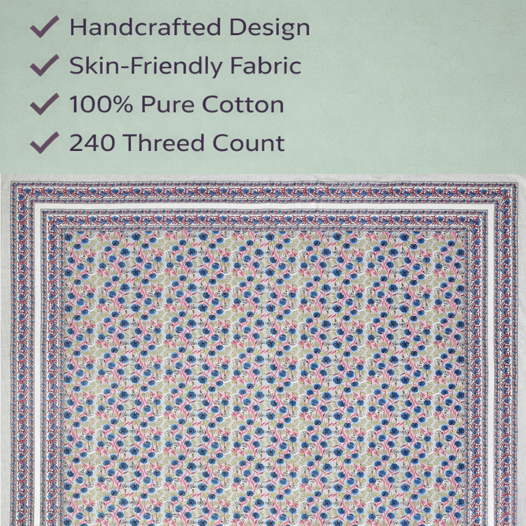 Petal Bloom Hand Block Printed Cotton King Bedsheet Set | 90x108 | 240 TC