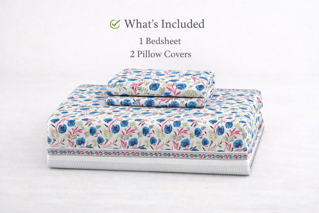 Petal Bloom Hand Block Printed Cotton King Bedsheet Set | 90x108 | 240 TC