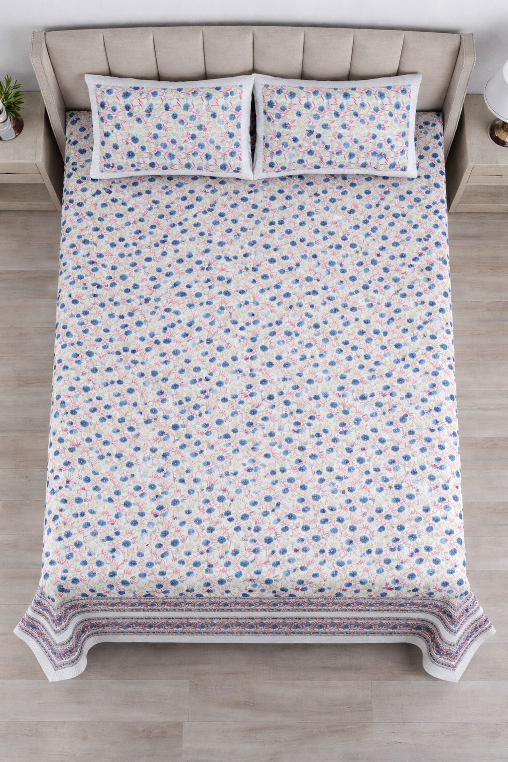 Petal Bloom Hand Block Printed Cotton King Bedsheet Set | 90x108 | 240 TC