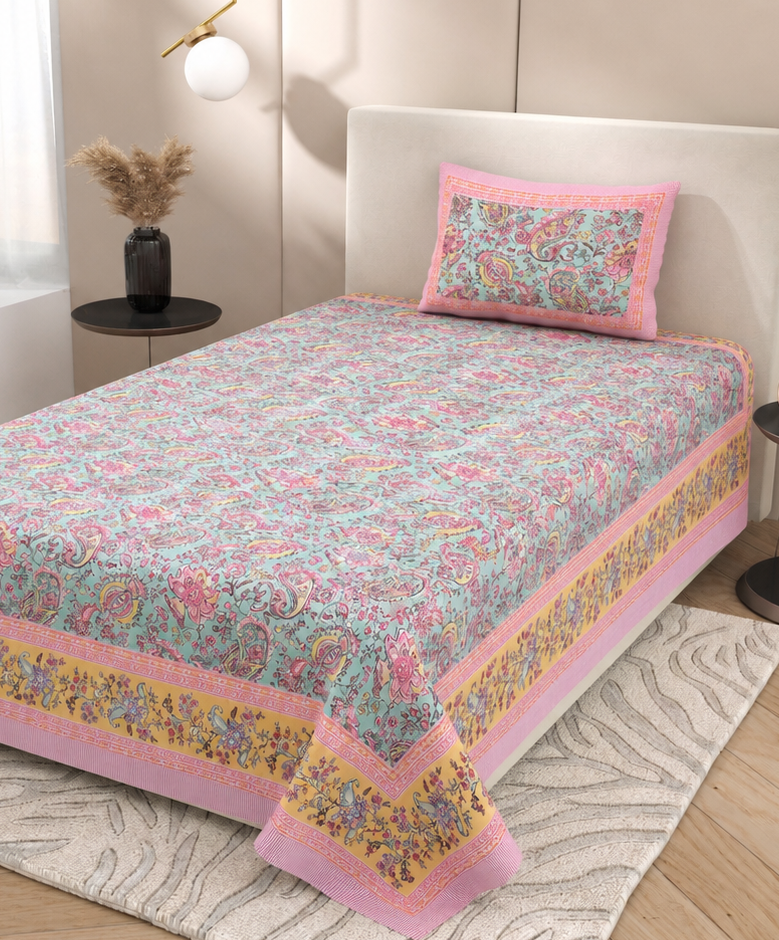 Petal Symphony Hand Block Printed Cotton Single Bedsheet 60x90 inches