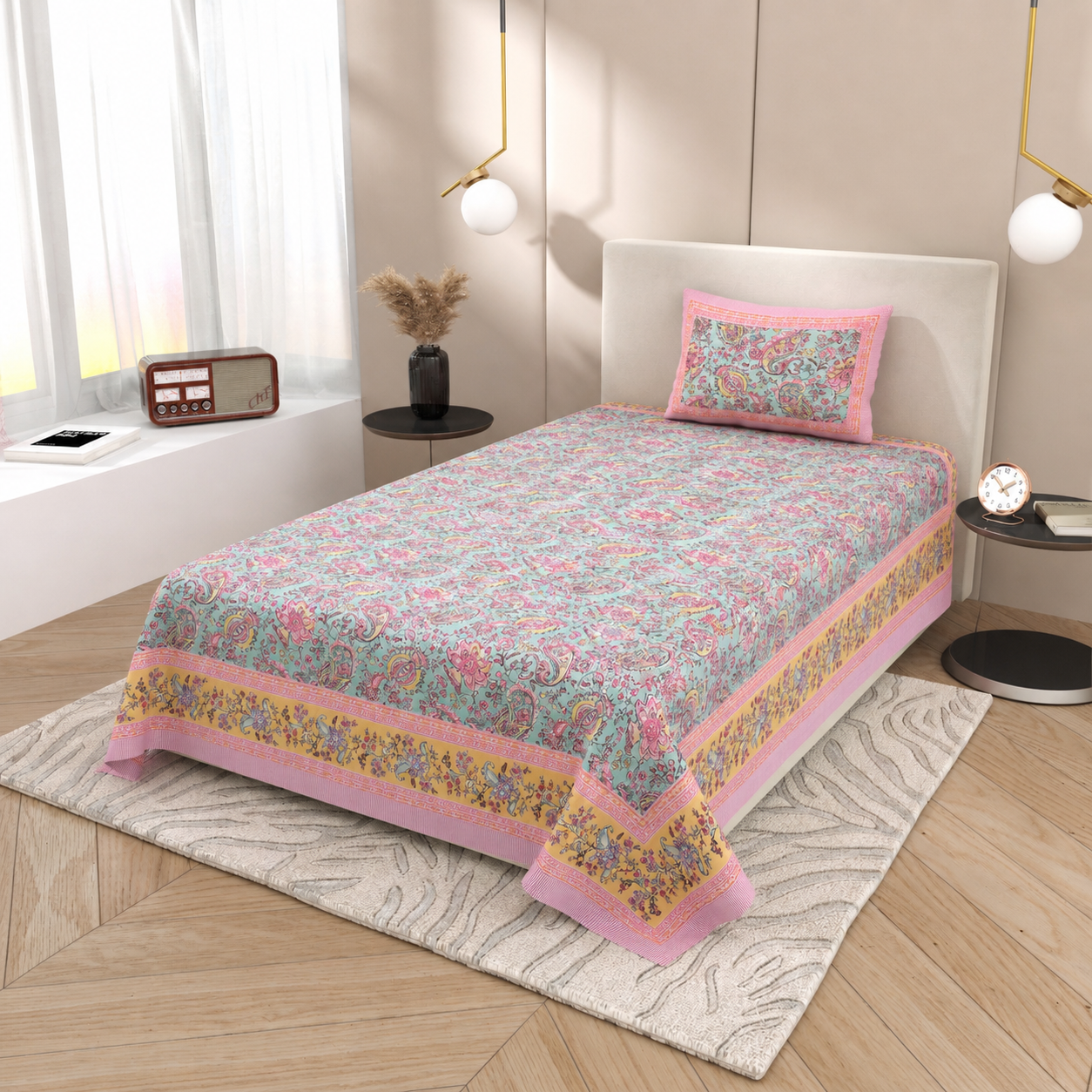 Petal Symphony Hand Block Printed Cotton Single Bedsheet | 60x90 inches