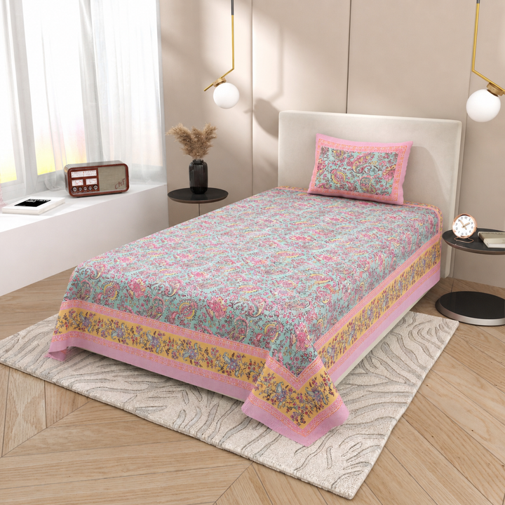Petal Symphony Hand Block Printed Cotton Single Bedsheet | 60x90 inches