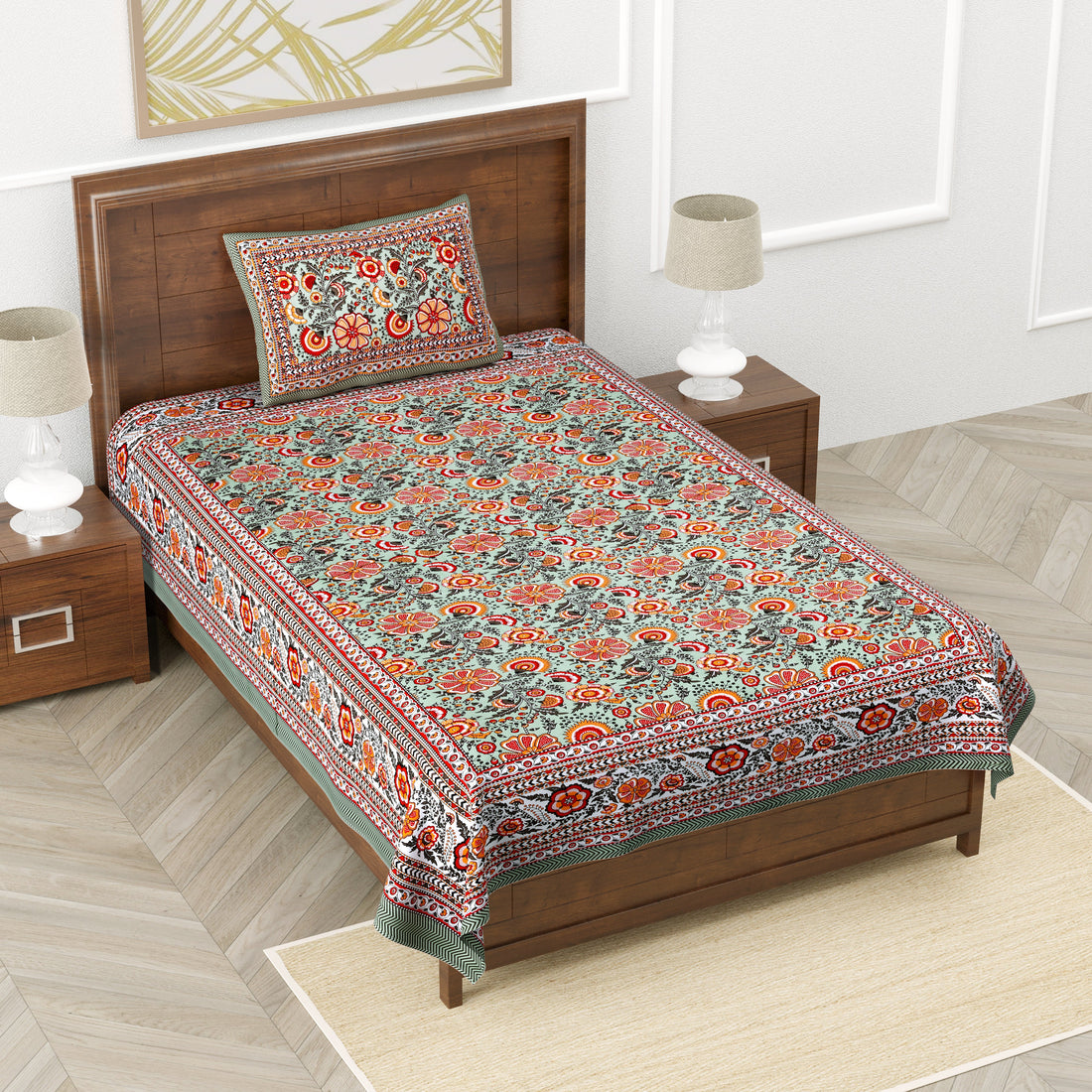 Fulwari Hand Block Printed Cotton Single Bedsheet 60x90 inches