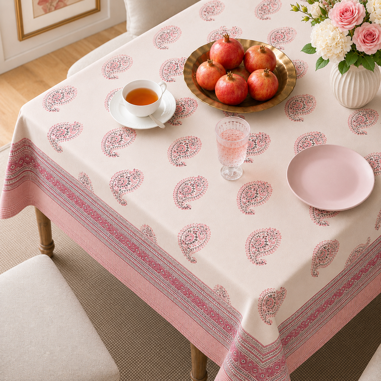 Pink Paisley Hand Block Printed Cotton Table Cover I 6 Seater