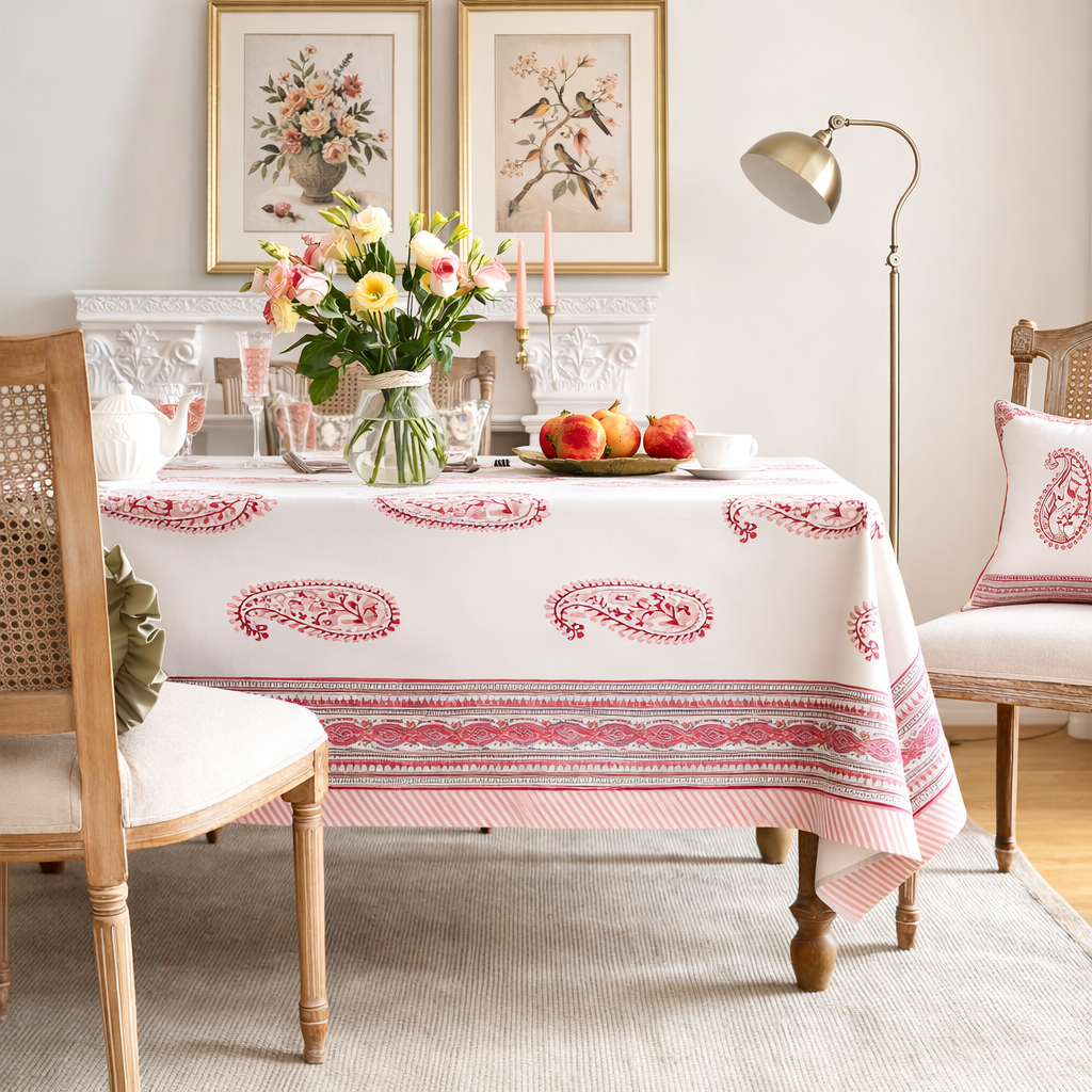 Pink Paisley Hand Block Printed Cotton Table Cover I 6 Seater