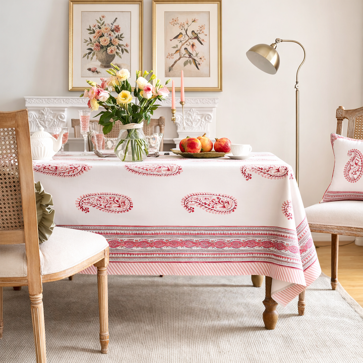 Pink Paisley Hand Block Printed Cotton Table Cover I 6 Seater