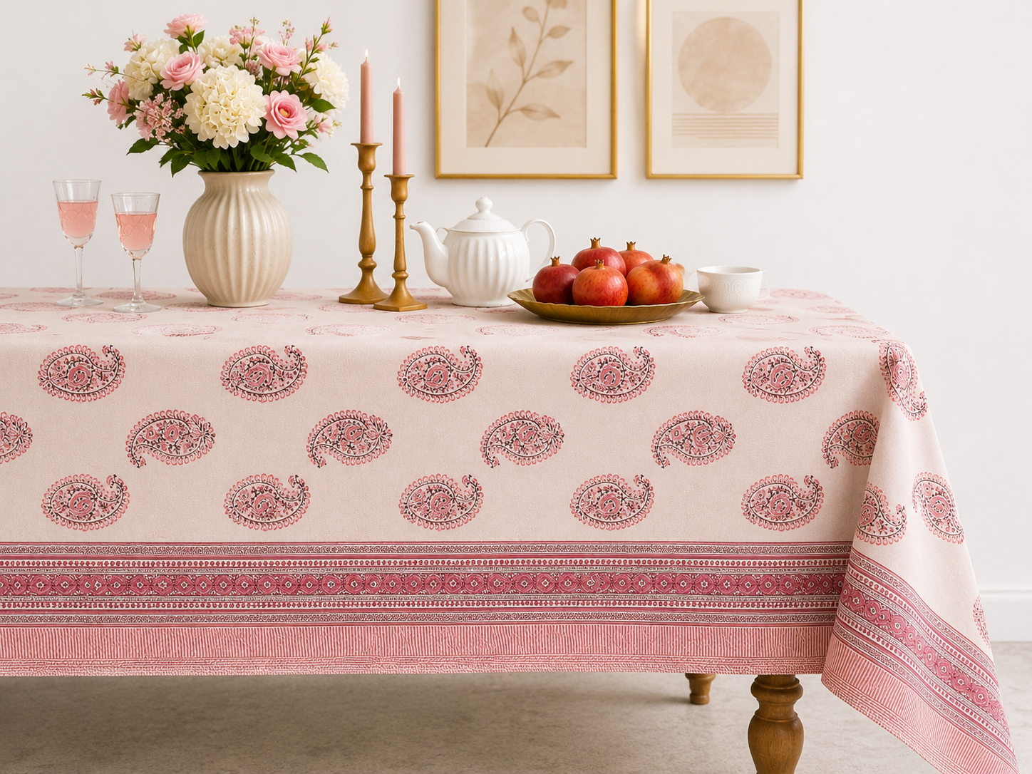 Pink Paisley Hand Block Printed Cotton Table Cover I 6 Seater