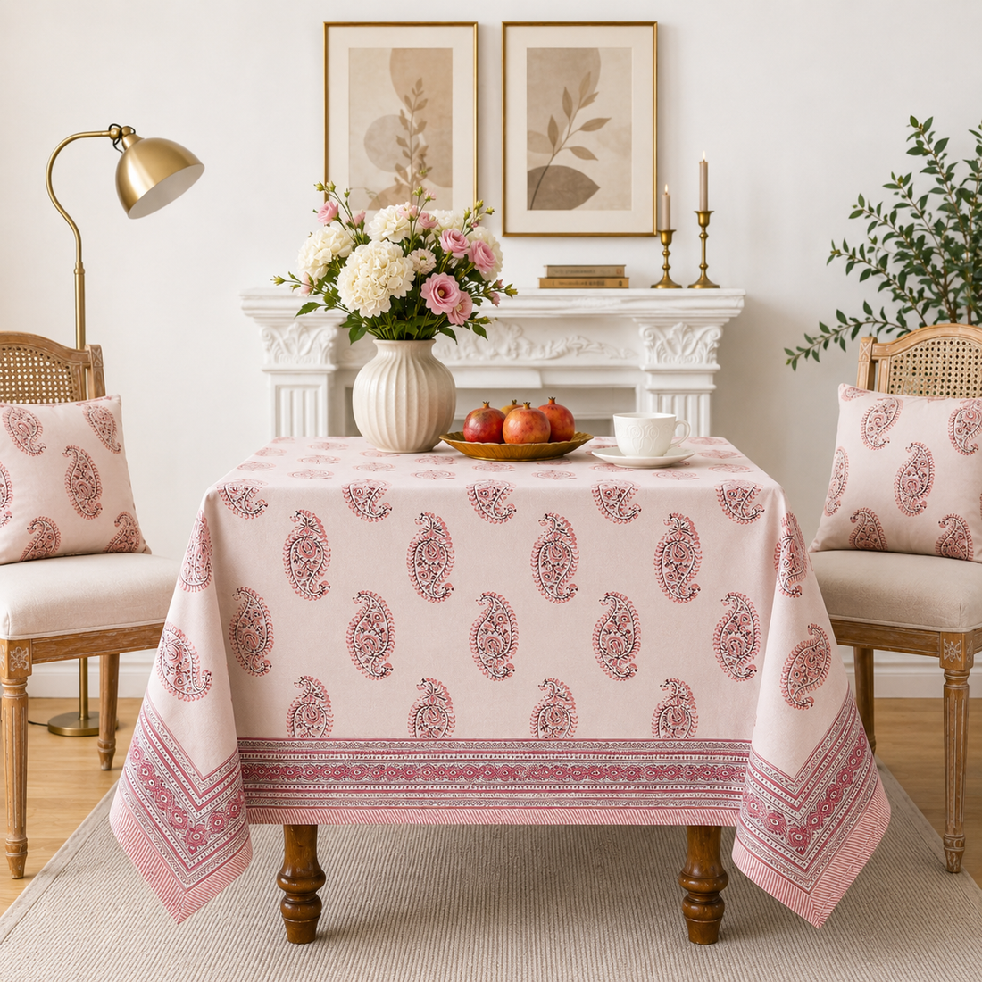 Pink Paisley Hand Block Printed Cotton Table Cover I 6 Seater