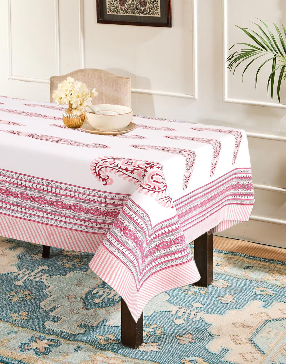 Pink hand block printed cotton table cover 6 seater 60x90 inches