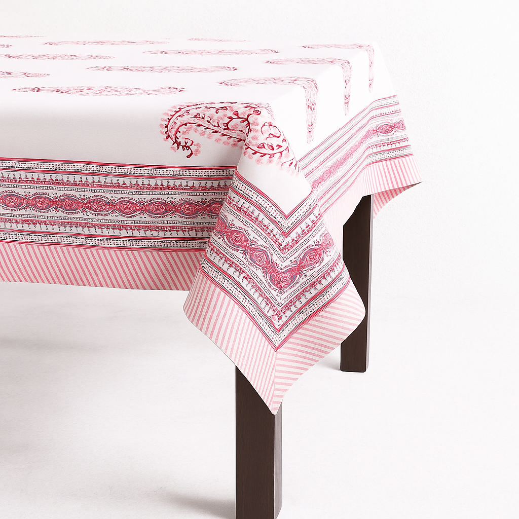 Pink Paisley Hand Block Printed Cotton Table Cover I 6 Seater