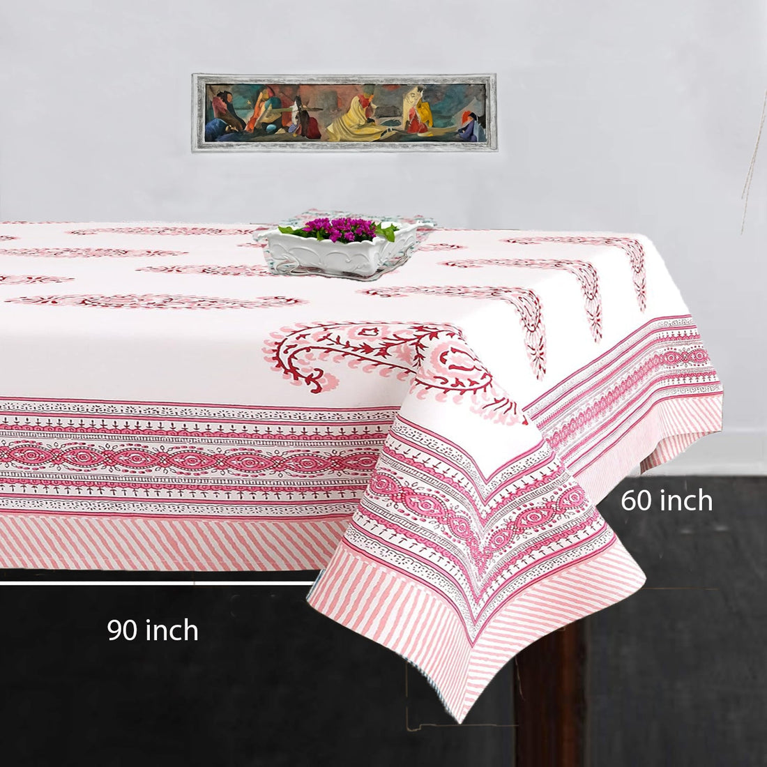 Pink Paisley Hand Block Printed Cotton Table Cover I 6 Seater