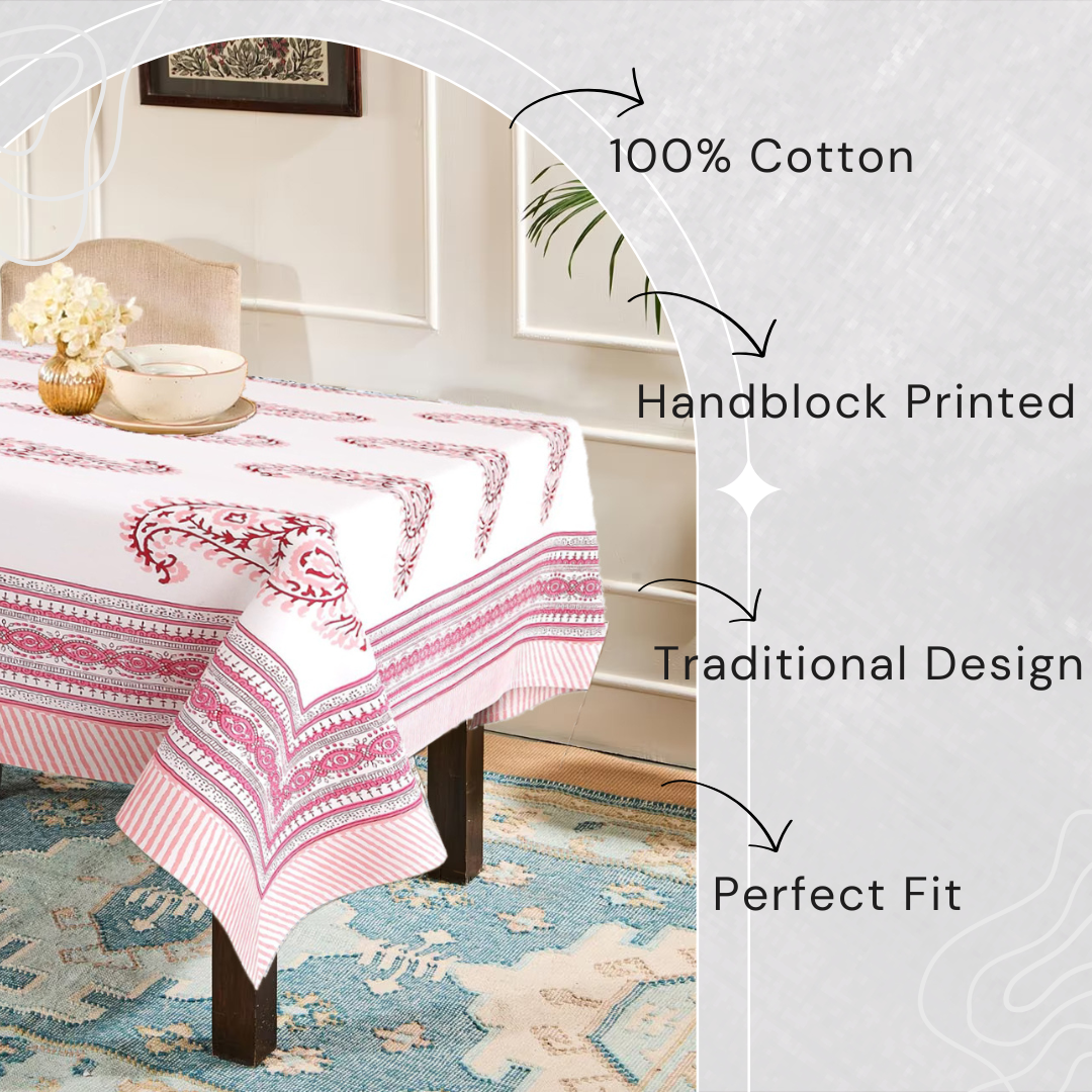 Pink Paisley Hand Block Printed Cotton Table Cover I 6 Seater