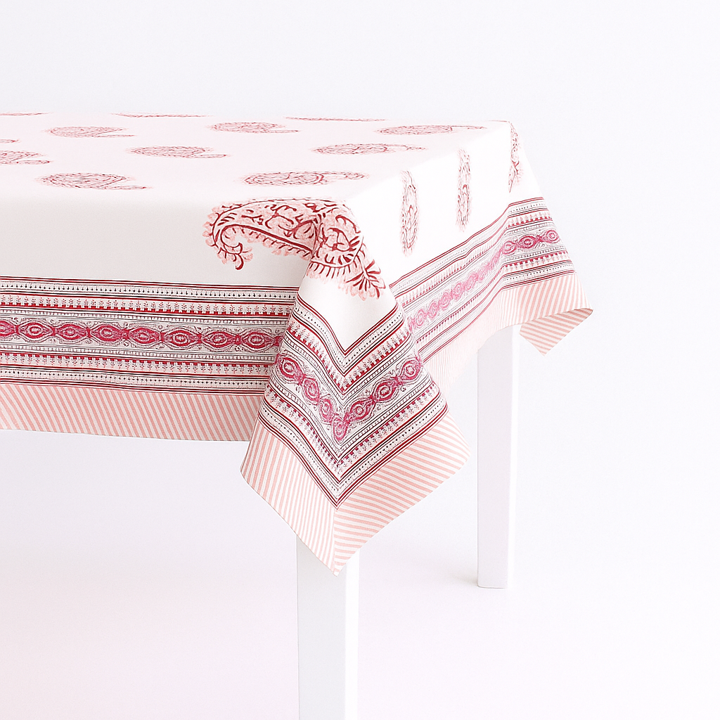 Pink Paisley Hand Block Printed Cotton Table Cover I 6 Seater