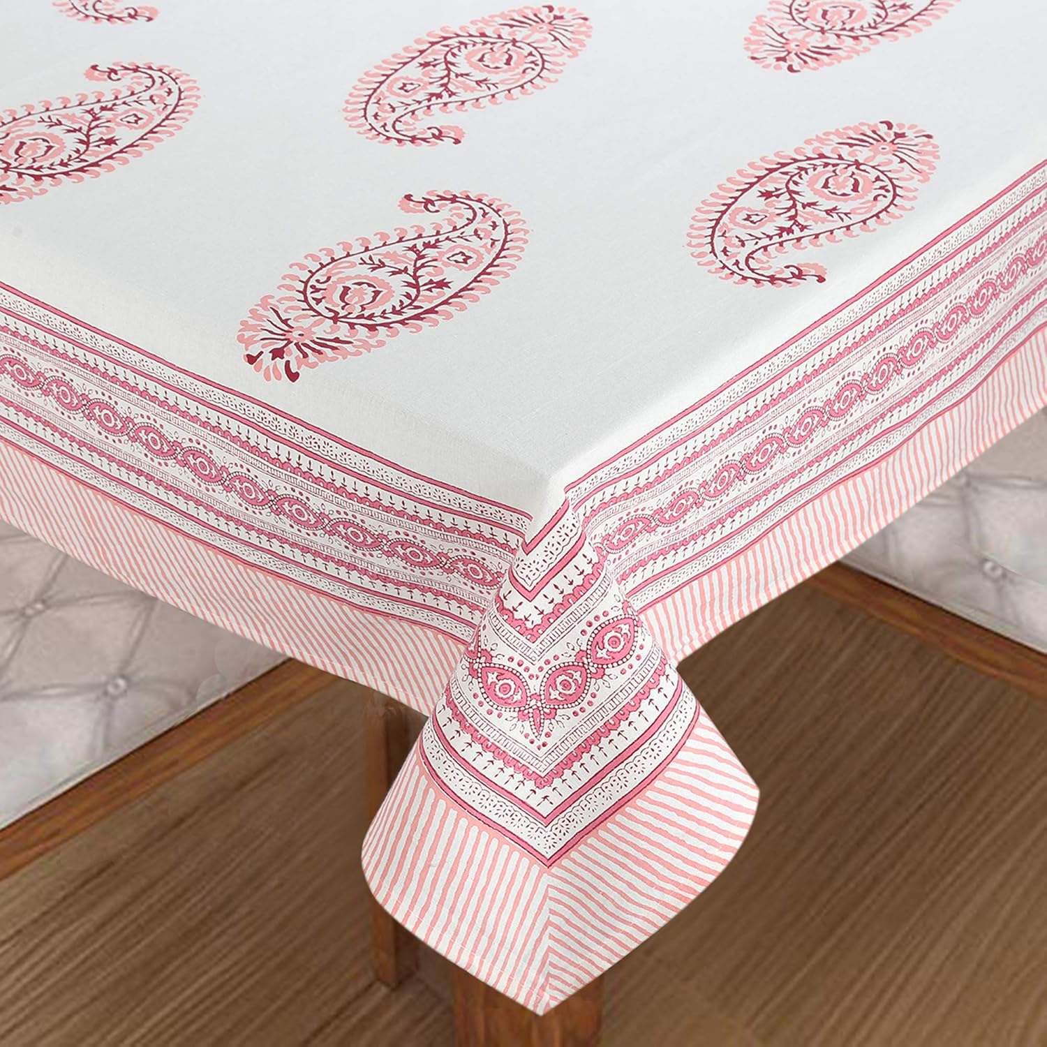 Pink Paisley Hand Block Printed Cotton Table Cover I 6 Seater