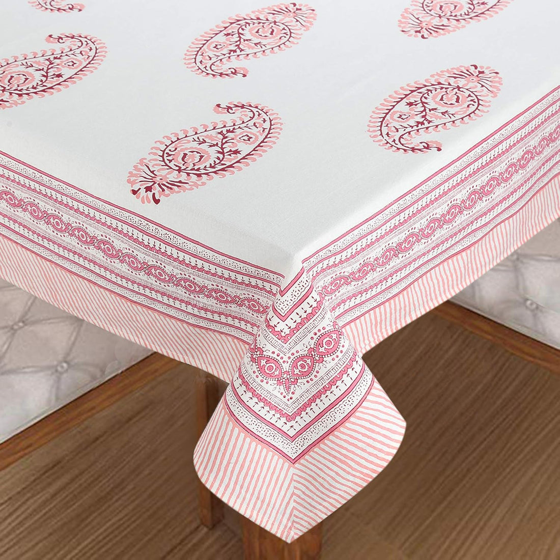 Pink Paisley Hand Block Printed Cotton Table Cover I 6 Seater