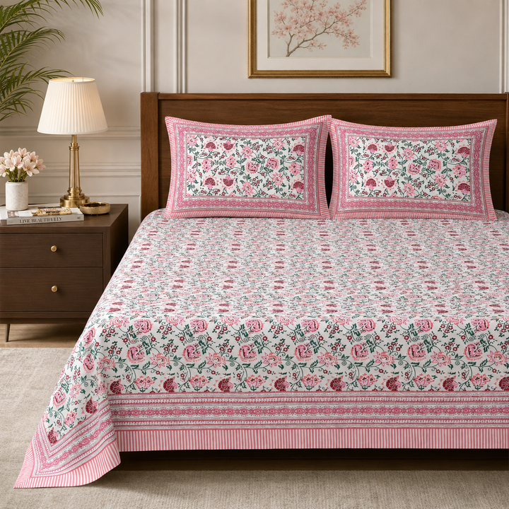 Pink Shalimar Jaal Hand Block Printed Cotton King Bedsheet Set| 90×108 | 240 TC