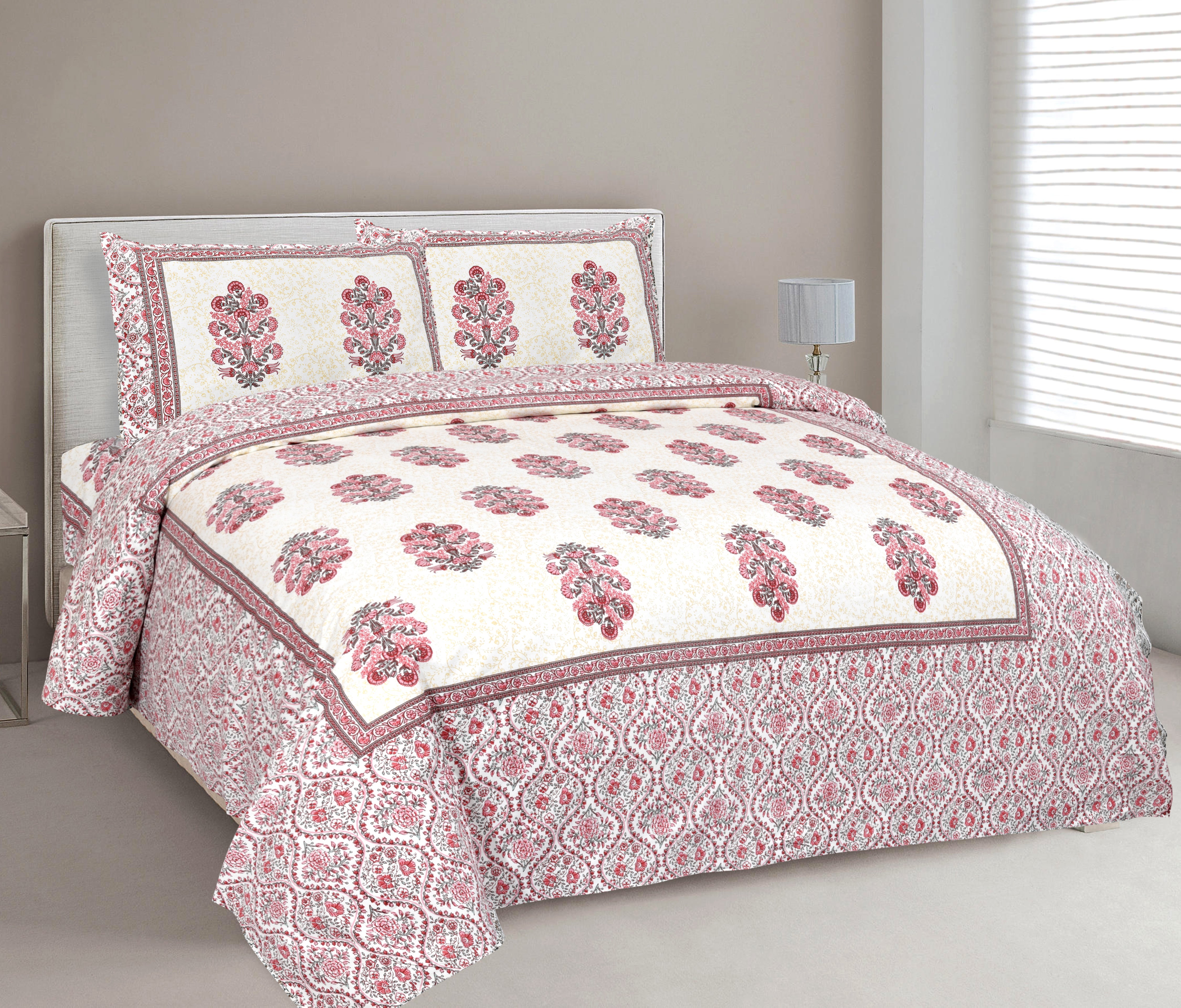 Red Fulwari Printed Base Hand Block Printed Cotton King Bedsheet Set