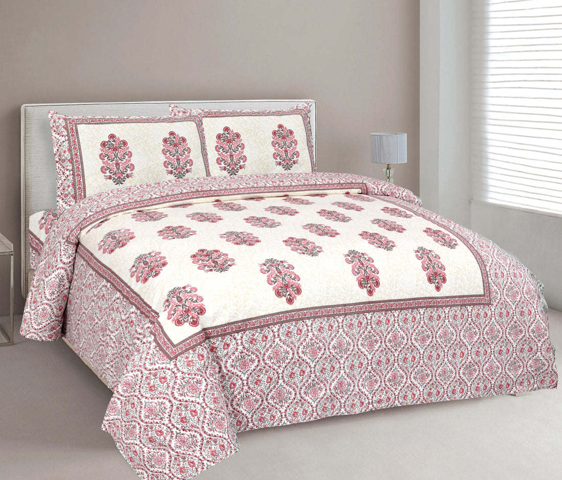 Red Fulwari Printed Base Hand Block Printed Cotton King Bedsheet Set