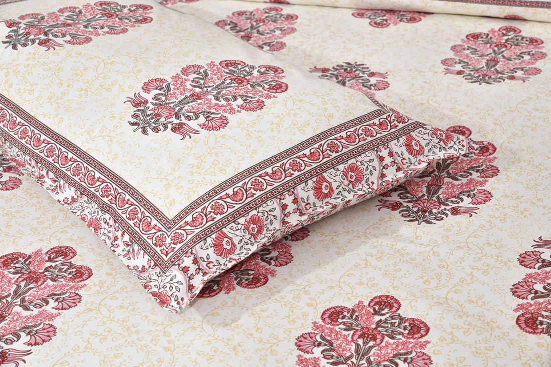Red Fulwari Printed Base Hand Block Printed Cotton King Bedsheet Set | 90×108 | 240 TC