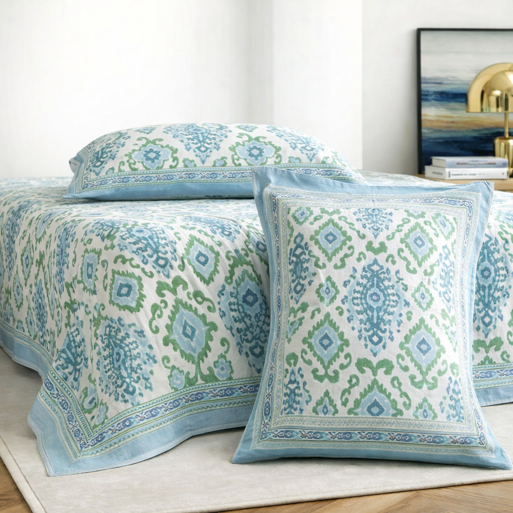 Rajputana Ikkat Hand Block Printed Cotton King Bedsheet Set