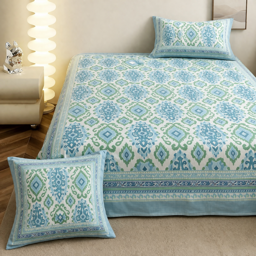 Rajputana Ikkat Hand Block Printed Cotton King Bedsheet Set | 90x108 | 240 TC