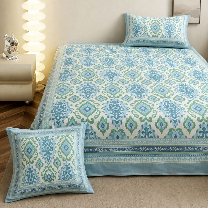 Rajputana Ikkat Hand Block Printed Cotton King Bedsheet Set | 90x108 | 240 TC