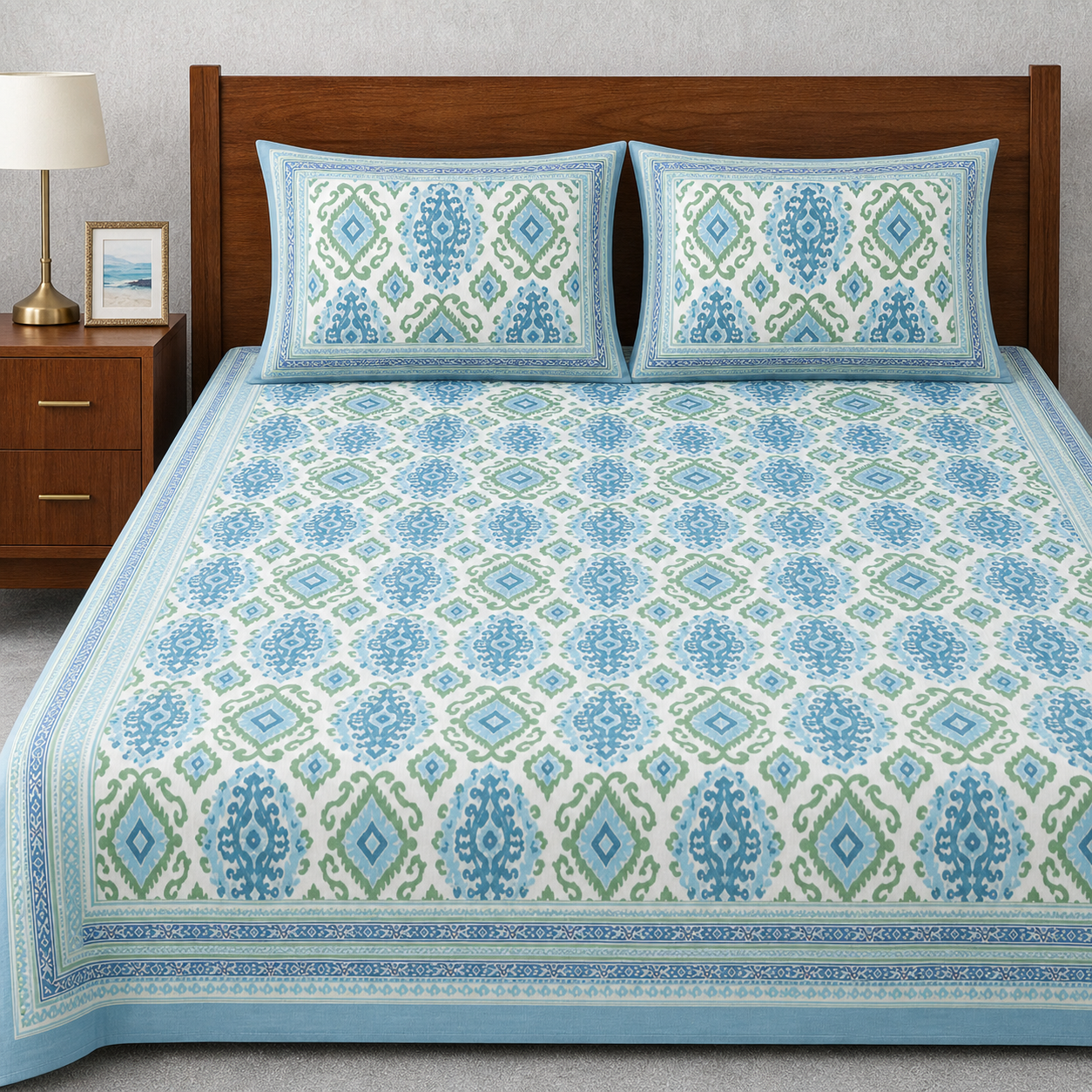 Rajputana Ikkat Hand Block Printed Cotton King Bedsheet Set | 90x108 | 240 TC