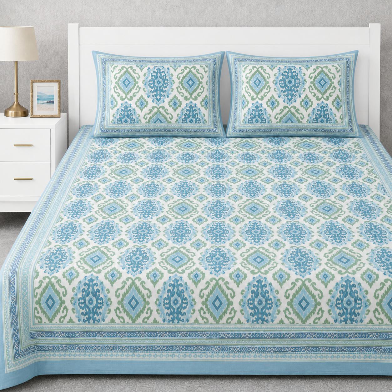 Rajputana Ikkat Hand Block Printed Cotton King Bedsheet Set | 90x108 | 240 TC
