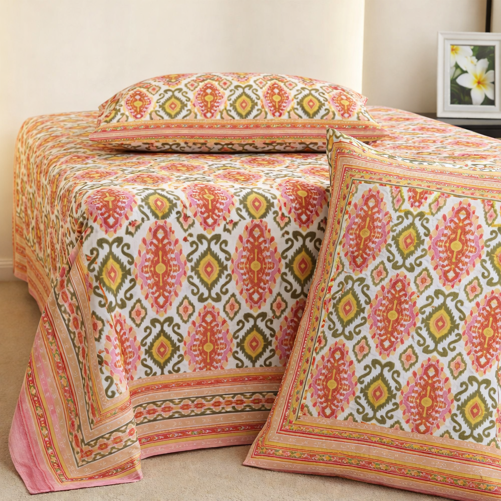 Rangrez Ikkat Hand Block Printed Cotton King Bedsheet Set