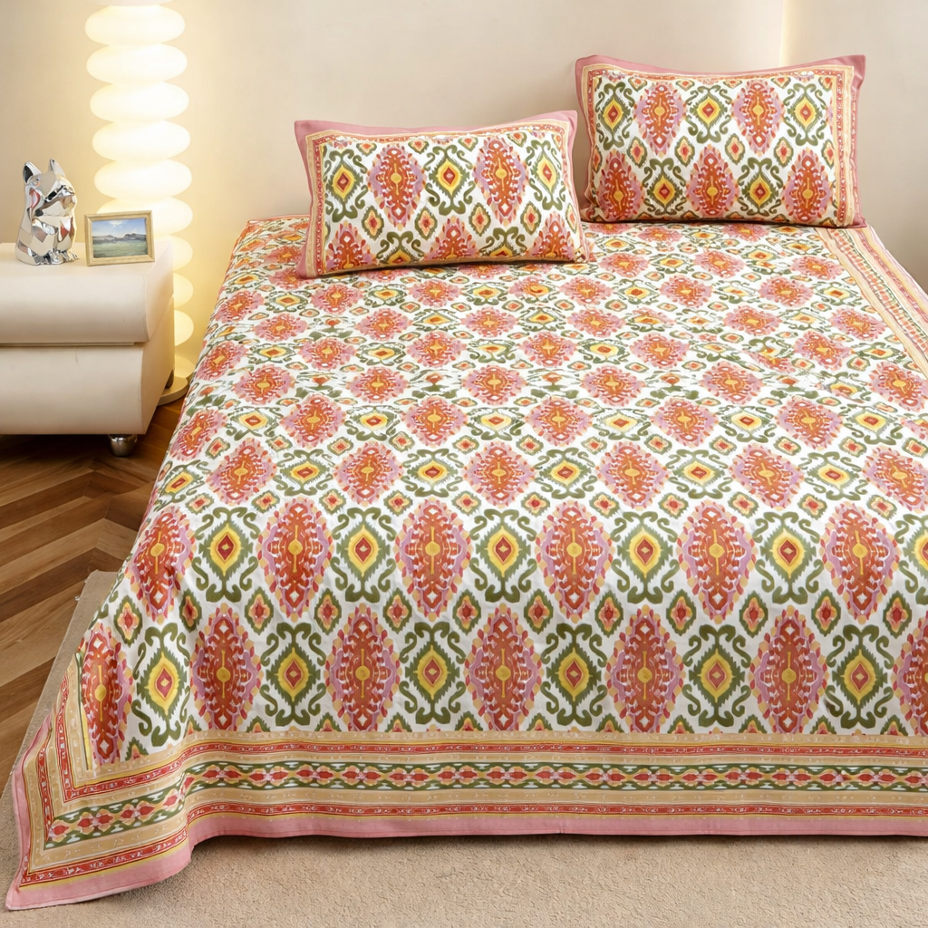 Rangrez Ikkat Hand Block Printed Cotton King Bedsheet Set | 90x108 | 240 TC