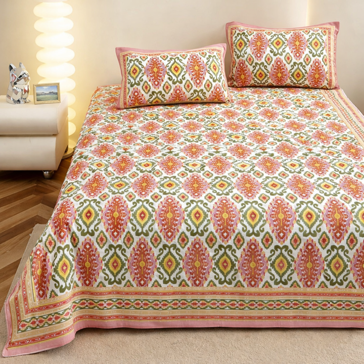 Rangrez Ikkat Hand Block Printed Cotton King Bedsheet Set | 90x108 | 240 TC