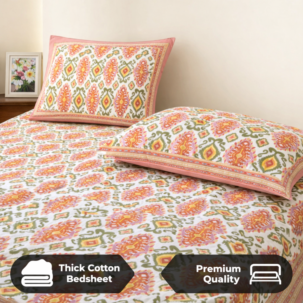 Rangrez Ikkat Hand Block Printed Cotton King Bedsheet Set | 90x108 | 240 TC