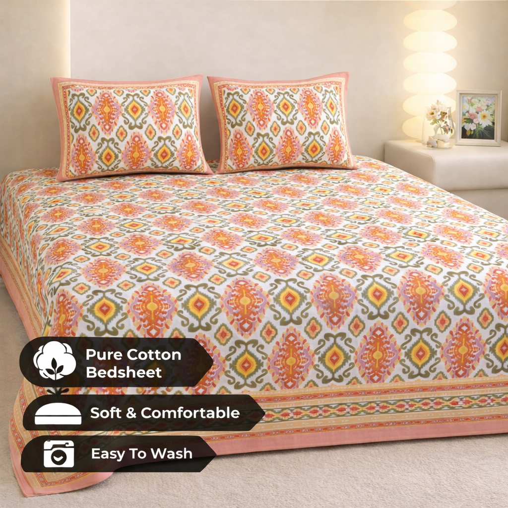 Rangrez Ikkat Hand Block Printed Cotton King Bedsheet Set | 90x108 | 240 TC