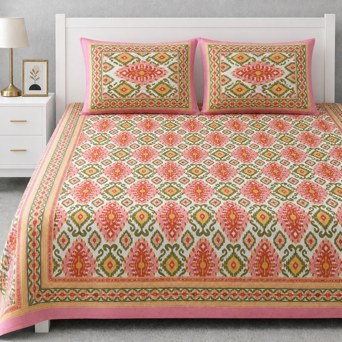 Rangrez Ikkat Hand Block Printed Cotton King Bedsheet Set | 90x108 | 240 TC