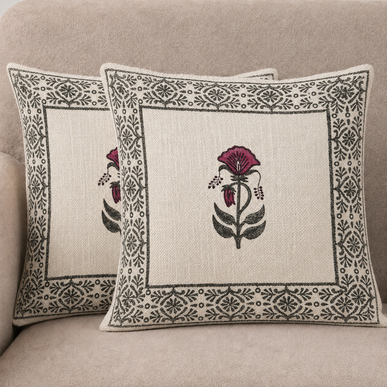 Rani Bagh Bloom Jute Cotton Cushion Covers 16x16 Inches Pack of 2 | Jaipuri Hand Block Print Jute Cushion Covers | Decorative Throw Cushion Cover Set