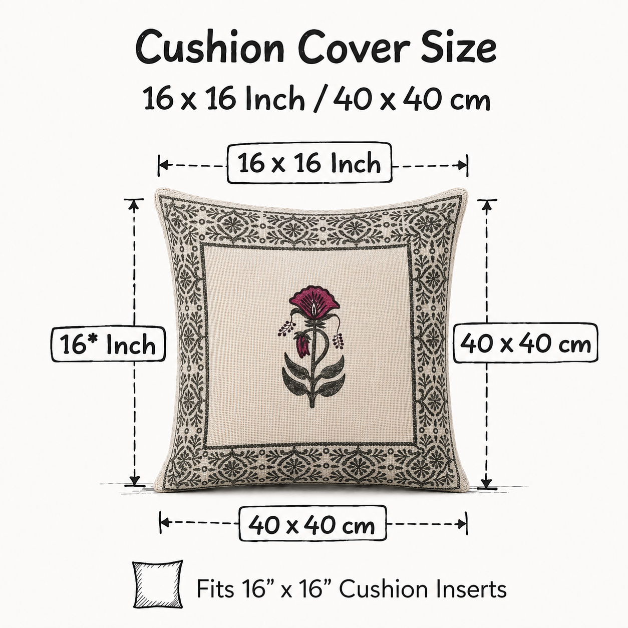 Rani Bagh Bloom Jute Cotton Cushion Covers 16x16 Inches Pack of 2 | Jaipuri Hand Block Print Jute Cushion Covers | Decorative Throw Cushion Cover Set