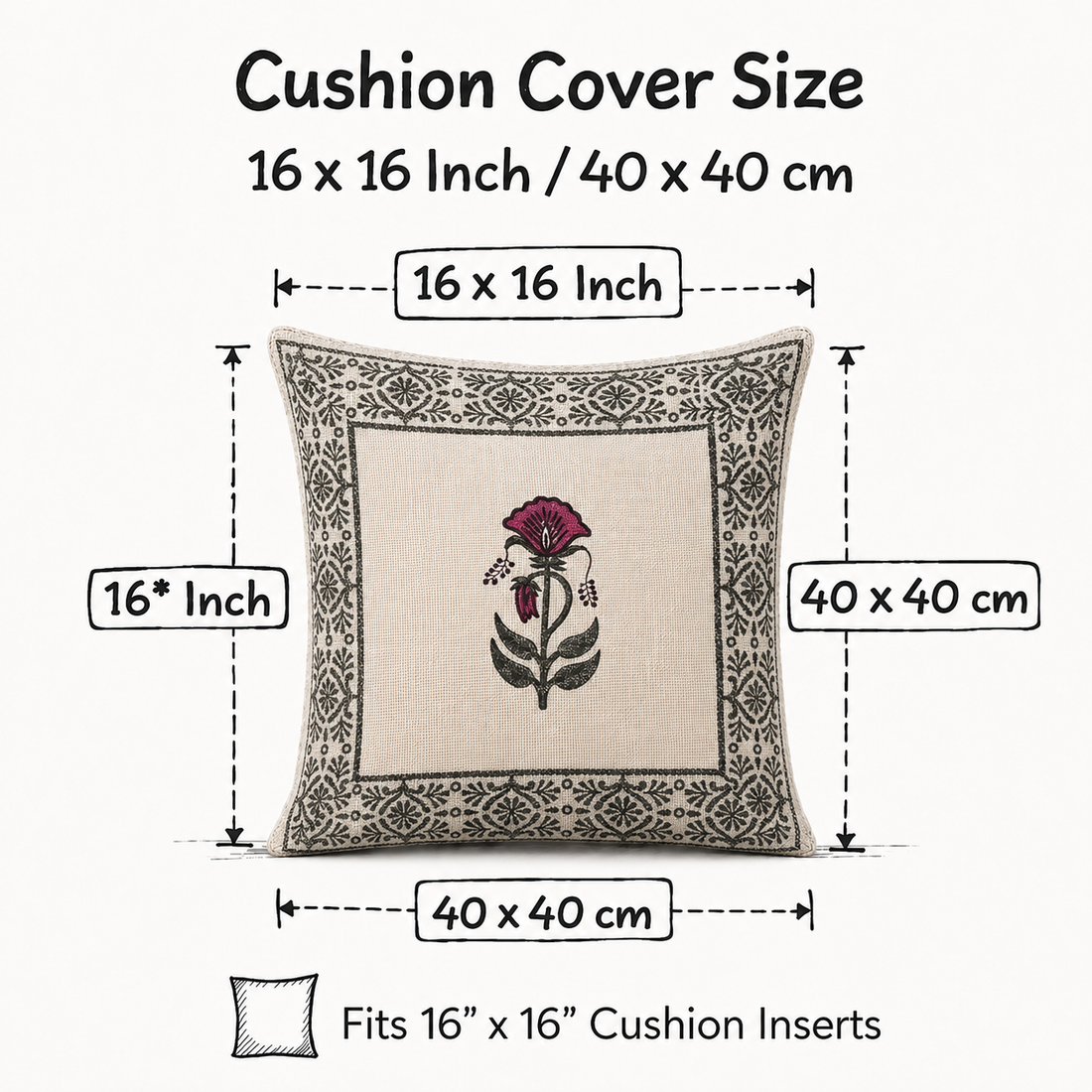 Rani Bagh Bloom Jute Cotton Cushion Covers 16x16 Inches Pack of 2 | Jaipuri Hand Block Print Jute Cushion Covers | Decorative Throw Cushion Cover Set