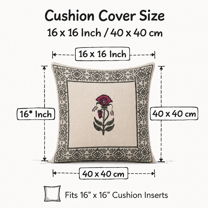 Rani Bagh Bloom Jute Cotton Cushion Covers 16x16 Inches Pack of 2 | Jaipuri Hand Block Print Jute Cushion Covers | Decorative Throw Cushion Cover Set