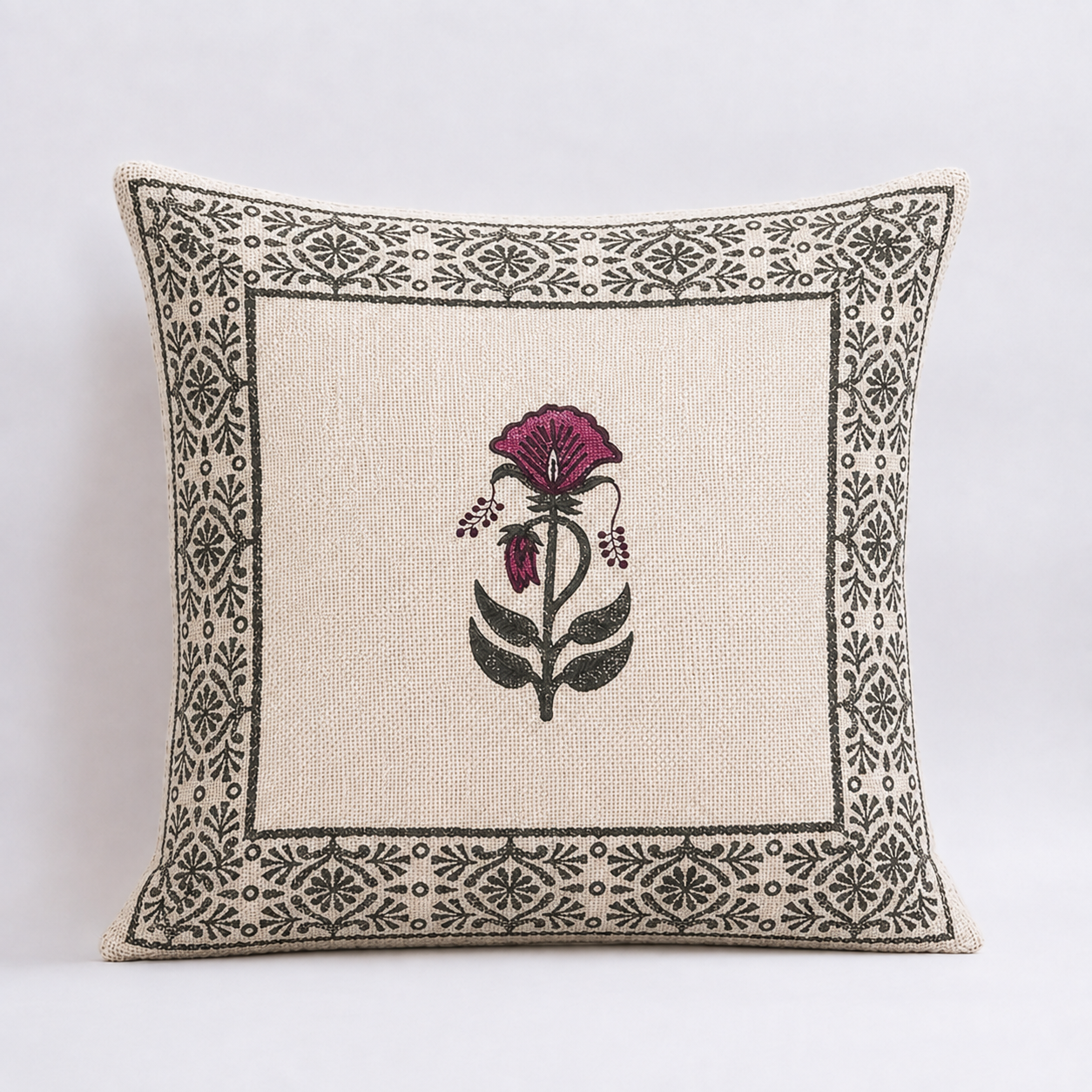 Rani Bagh Bloom Jute Cotton Cushion Covers 16x16 Inches Pack of 2 | Jaipuri Hand Block Print Jute Cushion Covers | Decorative Throw Cushion Cover Set