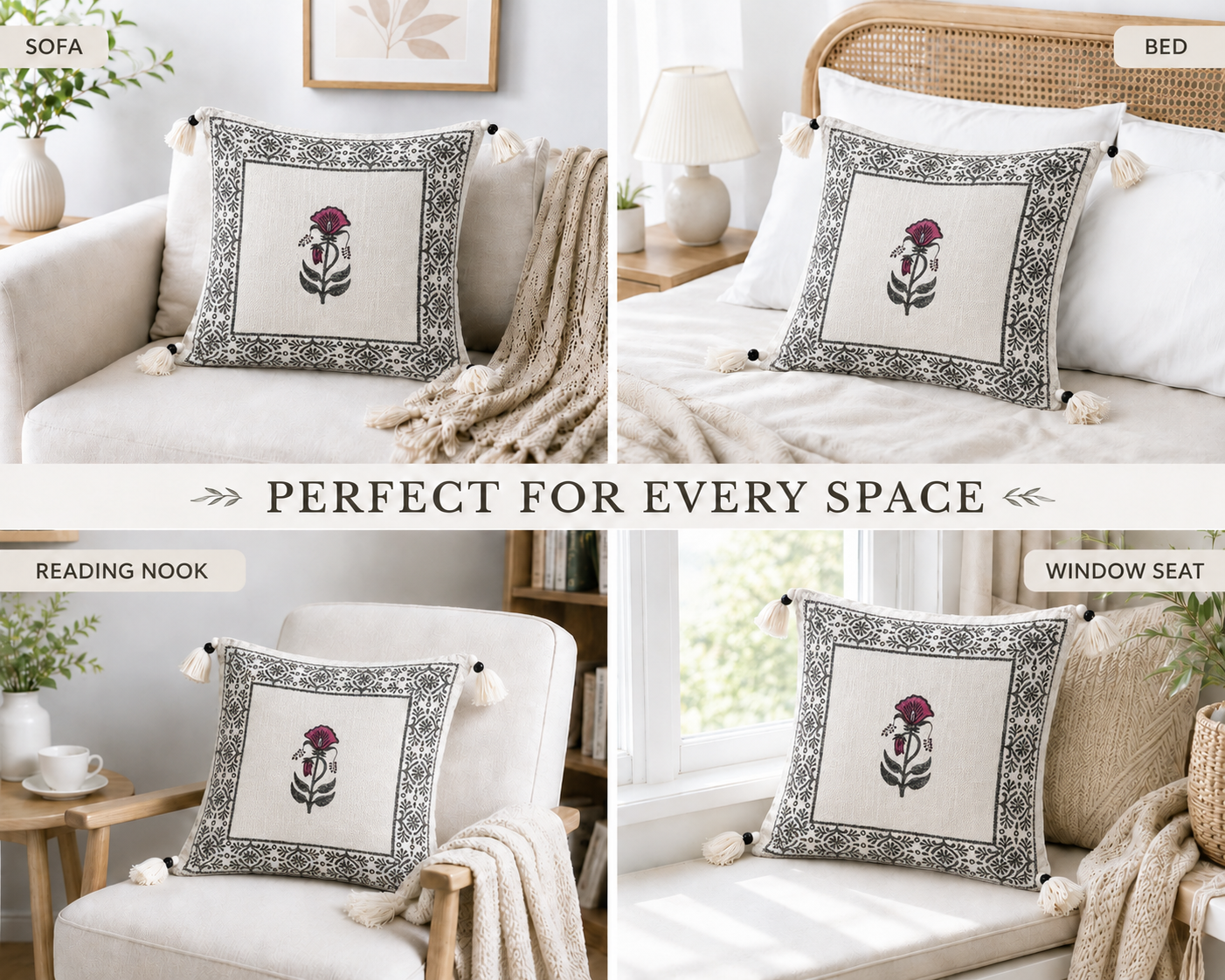 Rani Bagh Bloom Jute Cotton Cushion Covers 16x16 Inches Pack of 2 | Jaipuri Hand Block Print Jute Cushion Covers | Decorative Throw Cushion Cover Set