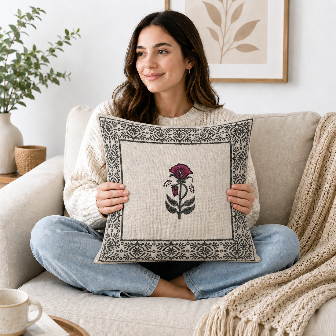 Rani Bagh Bloom Jute Cotton Cushion Covers 16x16 Inches Pack of 2 | Jaipuri Hand Block Print Jute Cushion Covers | Decorative Throw Cushion Cover Set