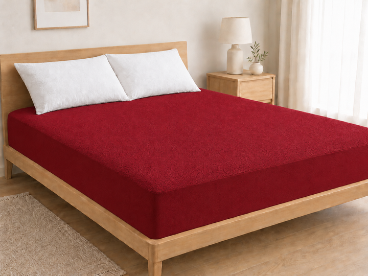Water Proof Terry Cotton Feel Mattress Protector | Maroon Red | Machine Washable | Super Soft | Fits Mattress Upto 10 inches
